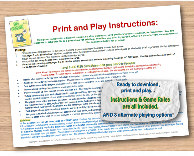 musical intervals card game, ready to print, ready to play, beginners sight reading